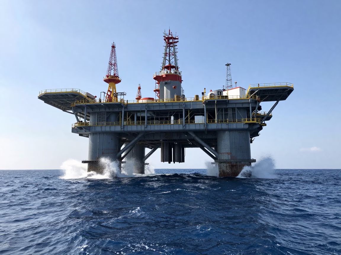 Oil Rig Platform in North Sea Waves in beside exposed structural steel in Sardinia