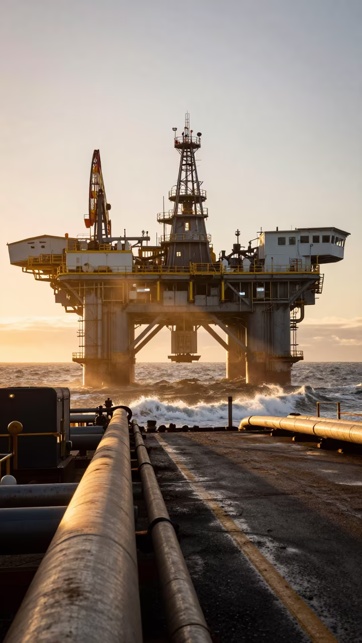 Oil Rig Platform in Oregon Evening Light in along a service road lined with pipes in Oregon