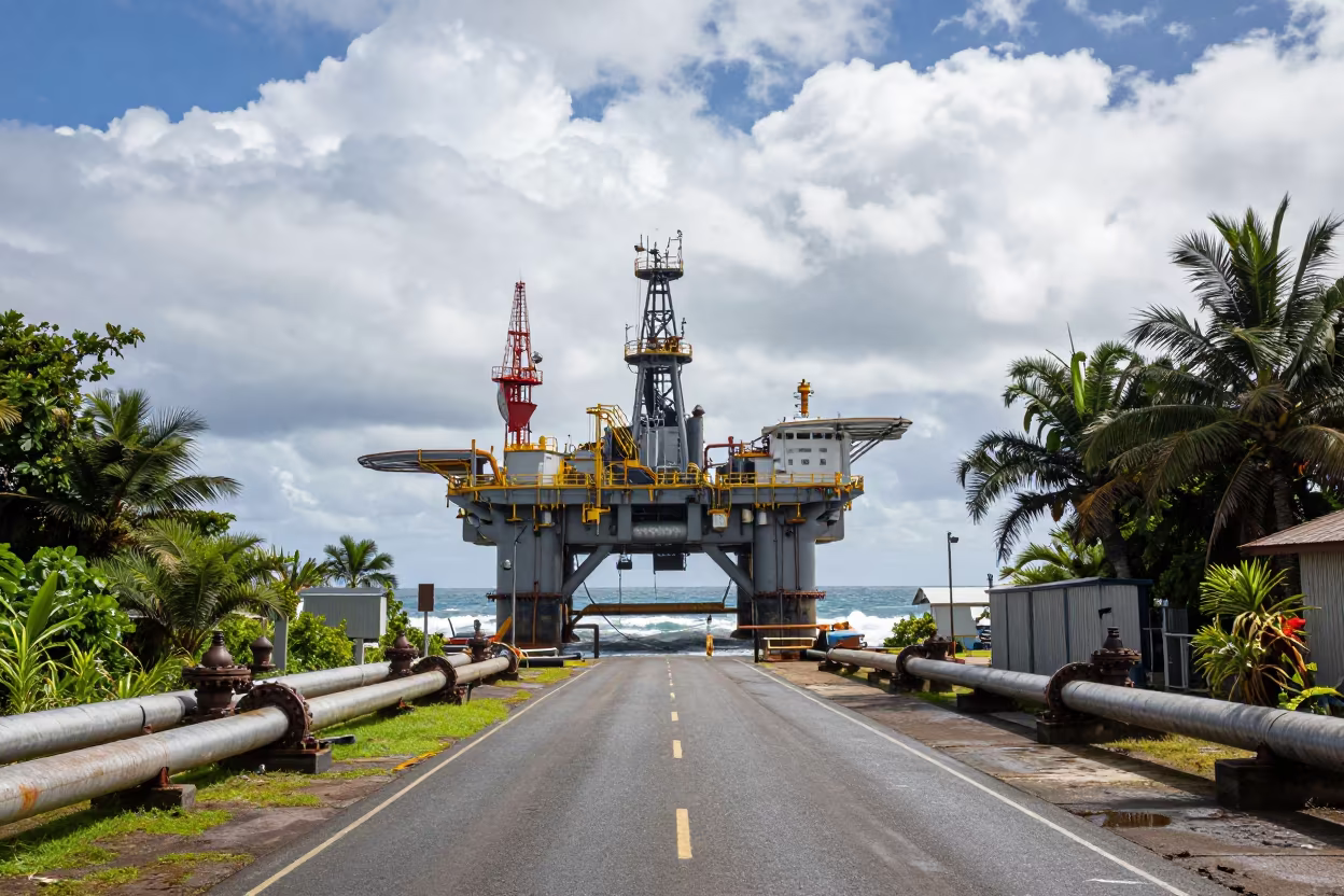 Oil Rig Platform Along Port Moresby Service Road in along a service road lined with pipes near Port Moresby
