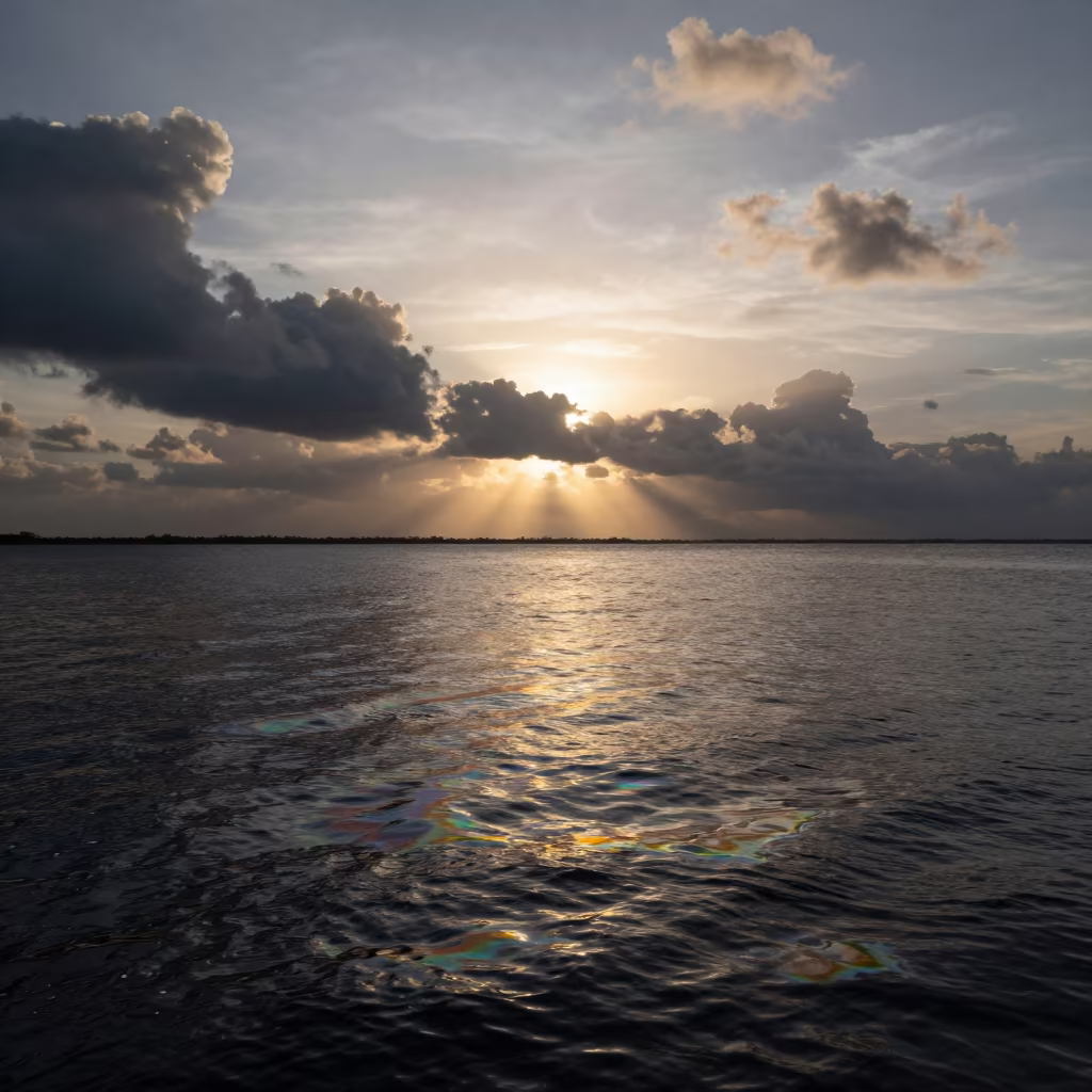 Oil Sheen Creates Rainbows Over Mexican Water at Sunset in in Mexico