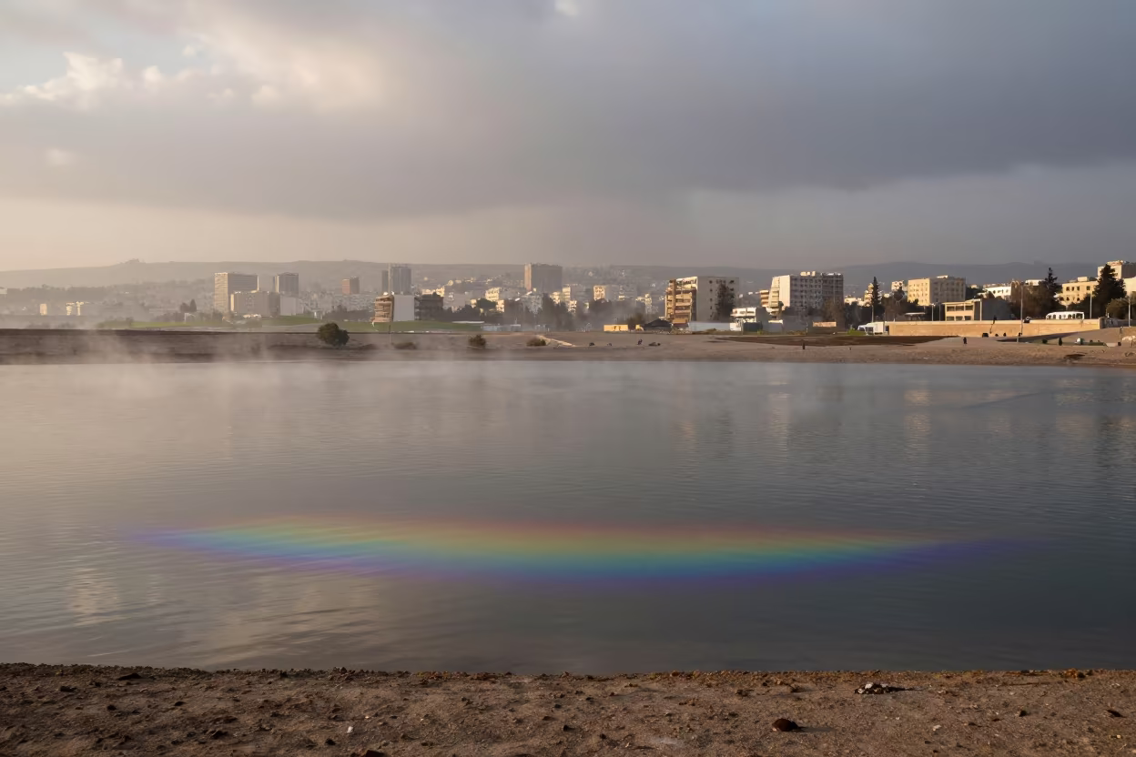 Oil Sheen Rainbows Over Amman Thunderheads in over a horizon of stacked thunderheads near Amman