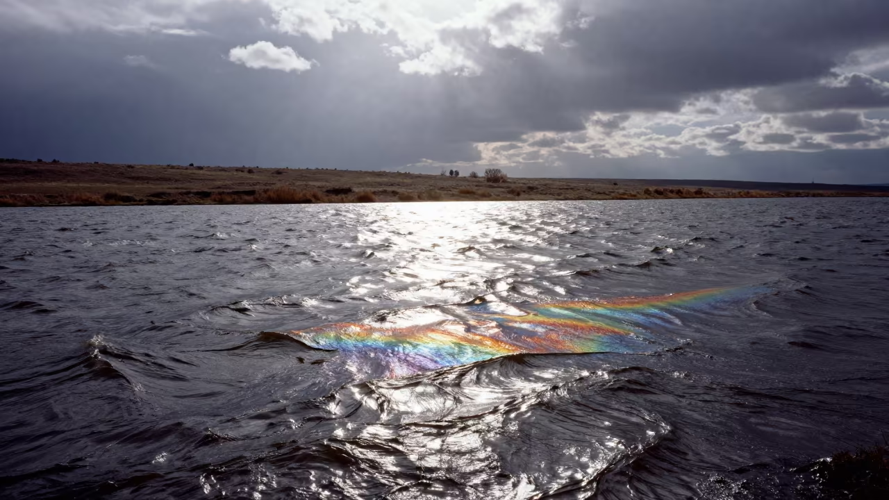 Oil Sheen Rainbows on Storm Water in across a storm-bright plain in the Caucasus