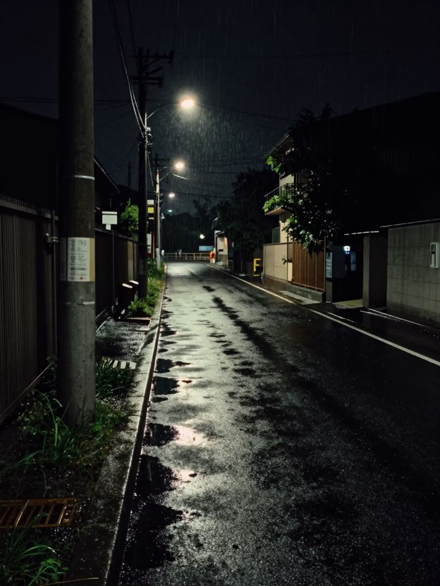 Oil-sheen rainwater on substation access road in Tokyo under deepest night sky in in Tokyo, Japan