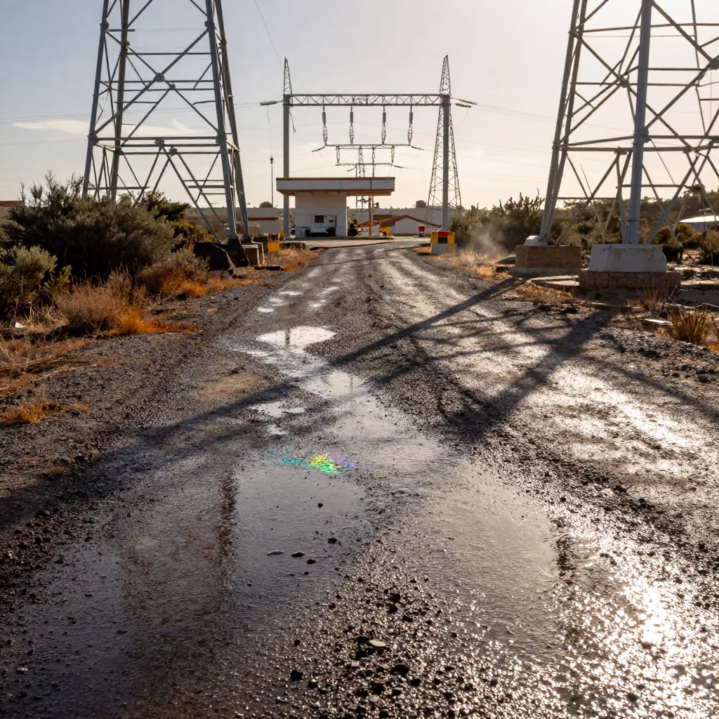 Oil Sheen Rainwater on Substation Road in beneath transmission towers in the Balearic Islands