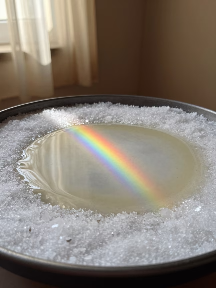 Oil Sheen on Salt Crystals in Faiyum Pan Rim in on salt crystals along a pan rim in Faiyum
