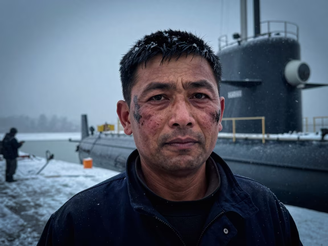Oil Stained Mechanic in Early Winter Light in near Aizawl