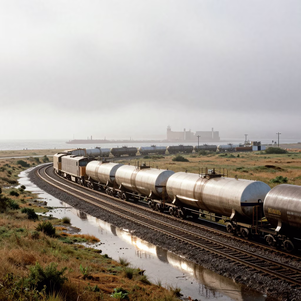 Oil Tanker Train Curving Through Foggy Harbor in beside a fogbound harbor mouth near Mecca