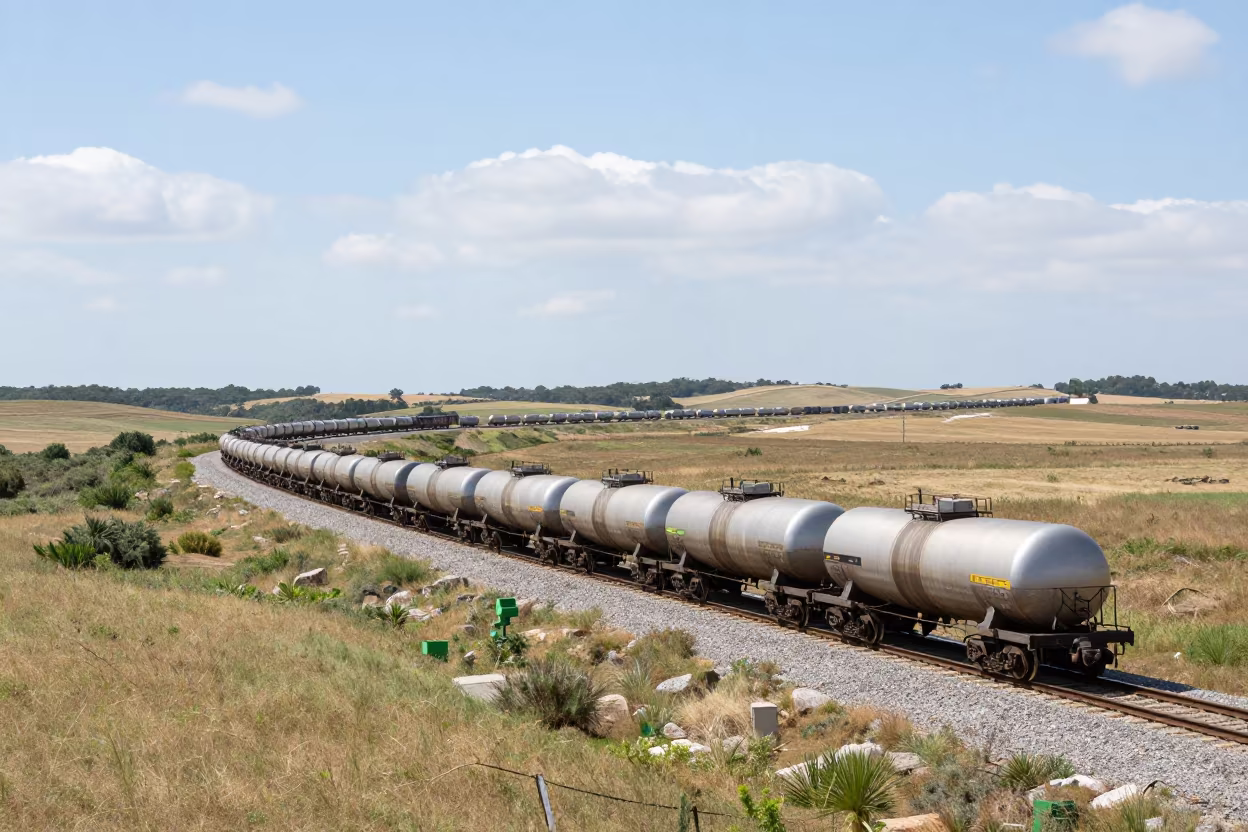 Oil Tanker Train Curving Along Portuguese Prairie Causeway in on a wind-open causeway in Portugal