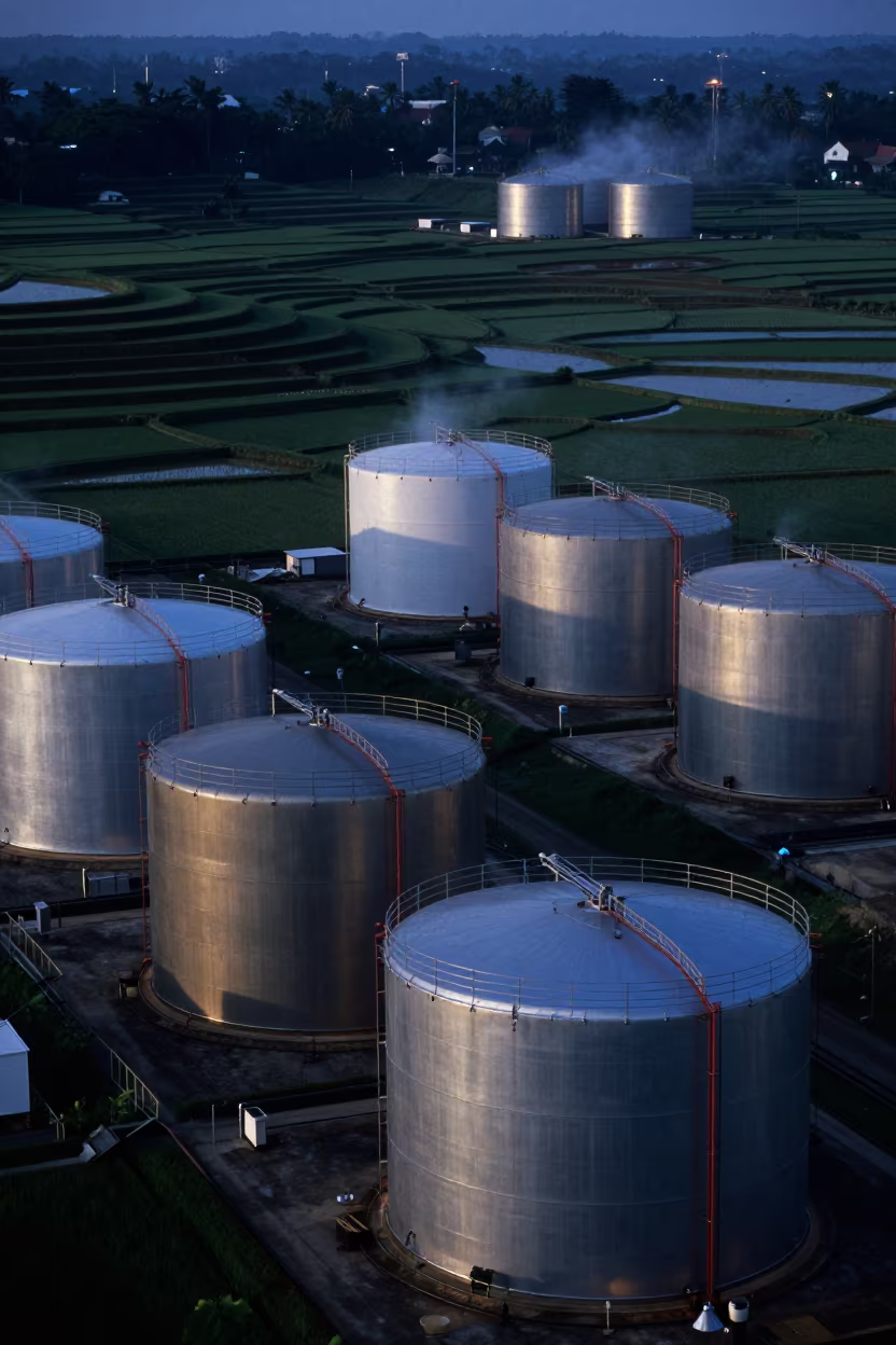 Oil tanks among terraced rice paddies in among terraced rice paddies in Malaysia
