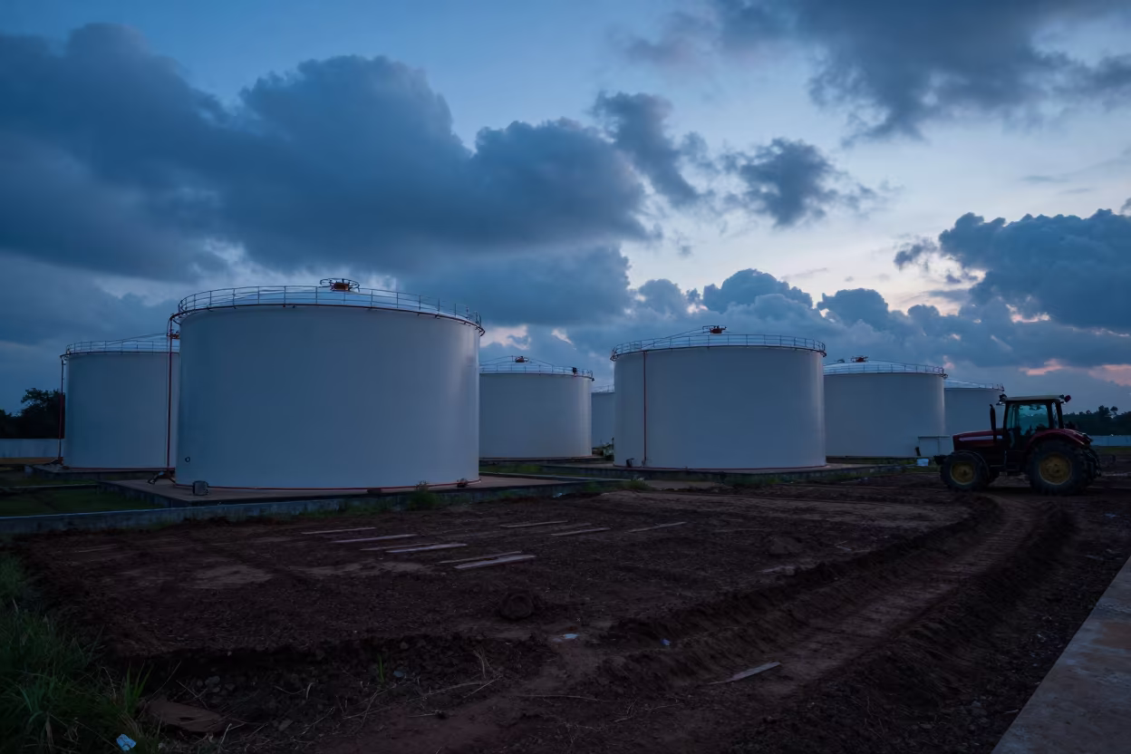 Oil Tanks at Blue Hour Near Cuddalore in beside a tractor track through dark soil near Cuddalore