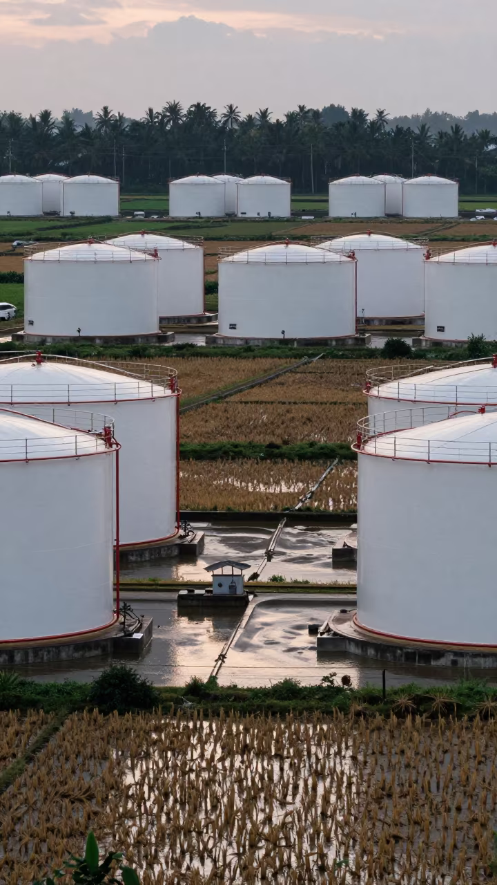Oil Tanks Over Harvested Rice Fields in across a harvested grain field in Da Nang