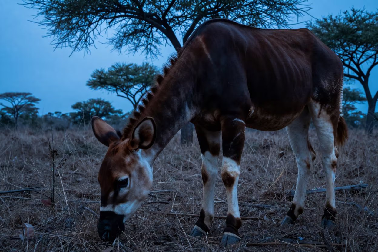 Okapi Browsing in Evening Blue Light in along a game trail near Bukit Bintang, Kuala Lumpur