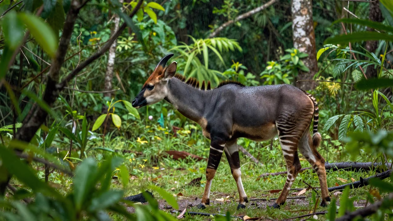 Okapi browsing in Havana rainforest clearing in near Havana