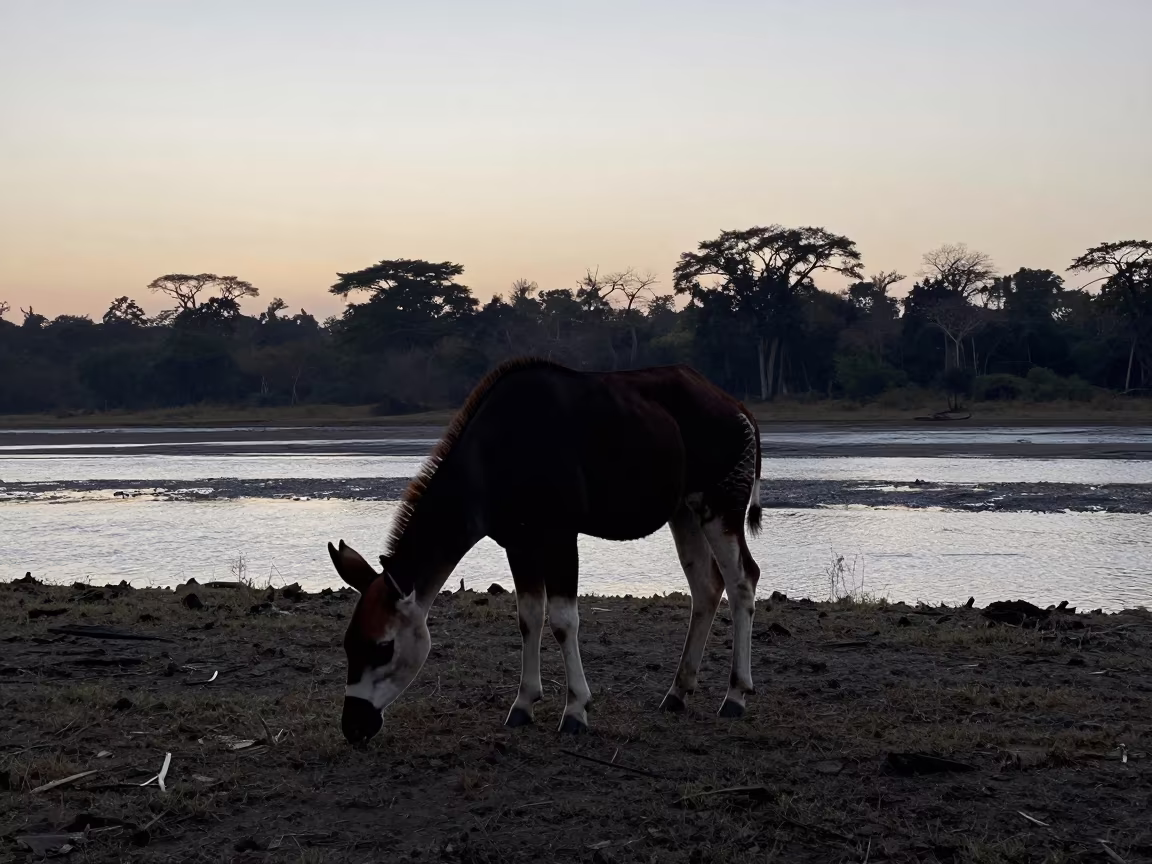 Okapi Browsing Silhouette in Predawn Rainforest in beside a tidal inlet near Kuala Lumpur