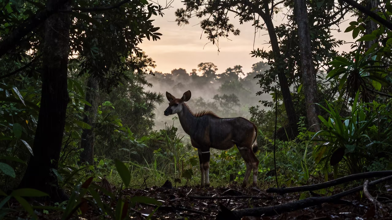Okapi Silhouette Dawn Rainforest Haze in near Glodok, Jakarta