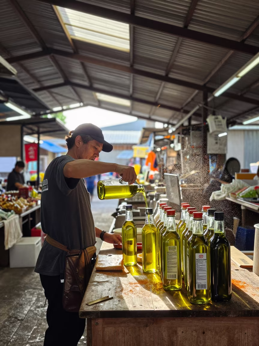 Okinawa Bazaar Vendor Fills Olive Oil Bottles in in a covered bazaar aisle in Okinawa