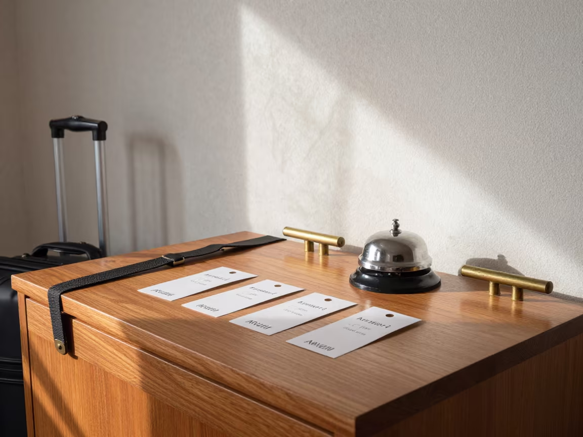 Okinawa Hotel Bell Desk Morning Rush Luggage Tags in at a reception desk under warm light near Okinawa