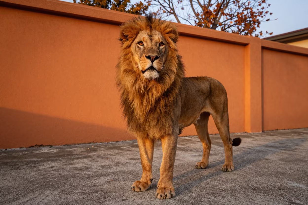 Okinawa Löwchen Portrait in Evening Light in beside a plain courtyard wall in clear daylight with the animal at eye level in Okinawa