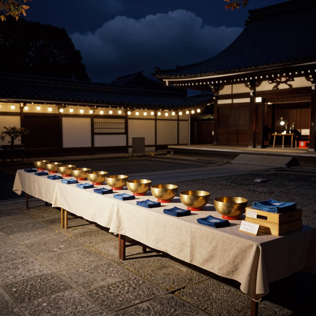 Okinawa Night Craft Table Brass Bowls in in a temple courtyard in Okinawa