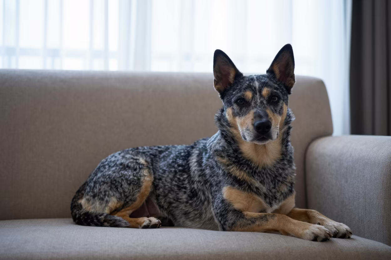 Okinawa Sofa Portrait of Stumpy Tail Cattle Dog in on a sofa near a curtained window with calm indoor light in Okinawa