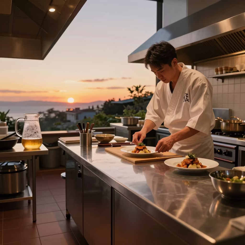 Okinawan Chef Plating Dish in Evening Light in in a kitchen in Okinawa