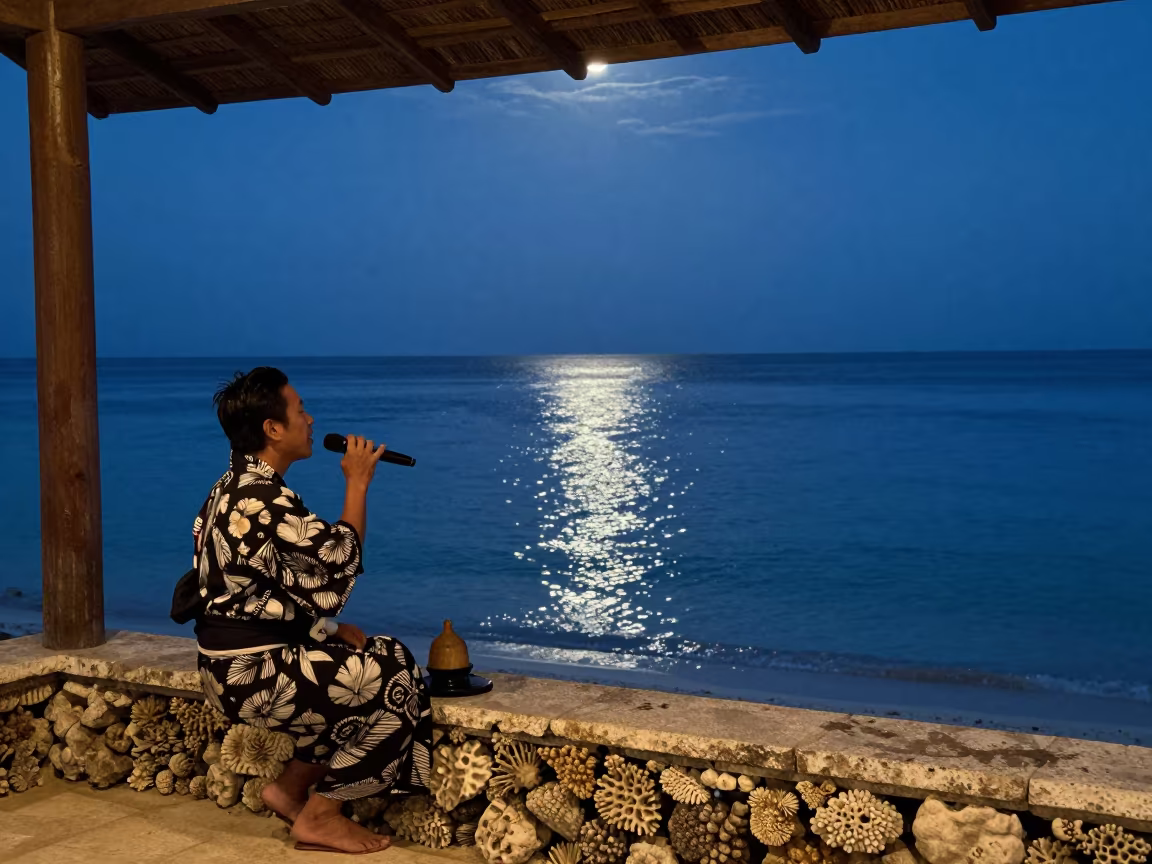Okinawan Sanshin Player on Coral Porch at Twilight in along a coral wall with blue water beyond near Zanzibar