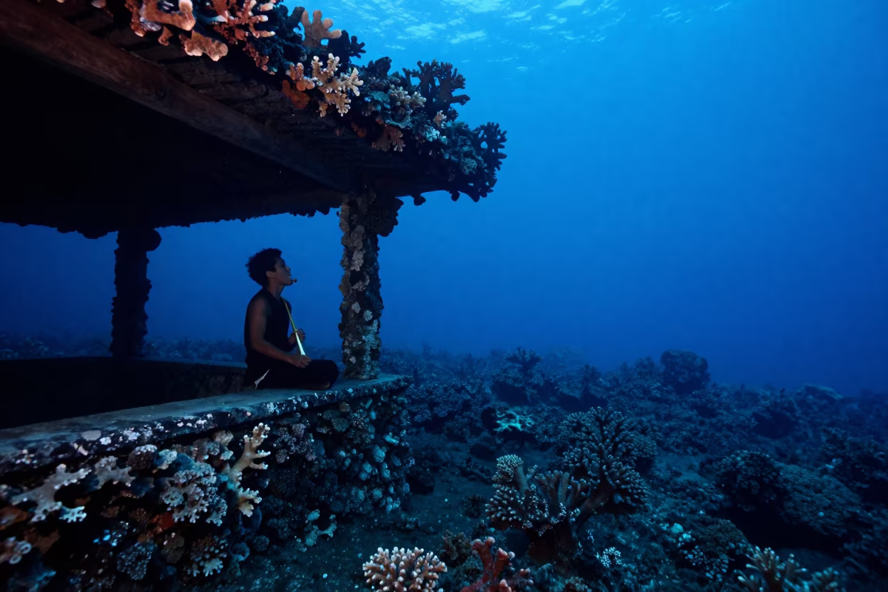 Okinawan Sanshin Player Silhouetted on Reef Porch in beside a volcanic reef overhang near Cebu