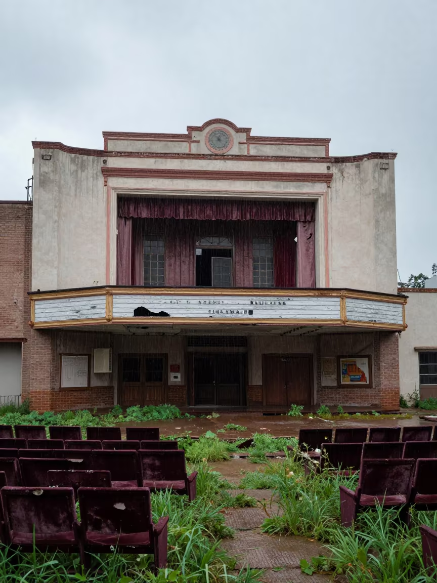 Oklahoma Theater Ruin in Dawn Rain in through a courtyard reclaimed by grasses in Oklahoma