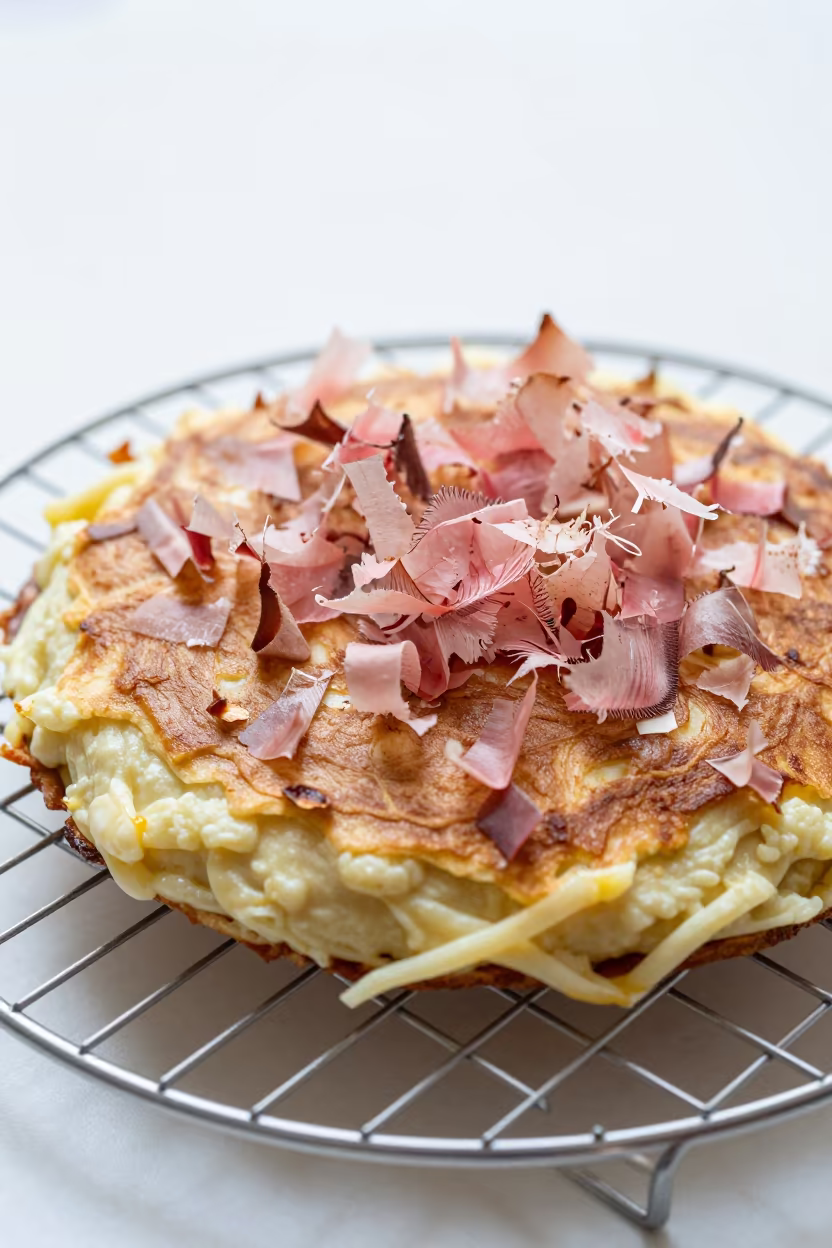 Okonomiyaki with Bonito Flakes on Bakery Rack in on a bakery cooling rack in Arua