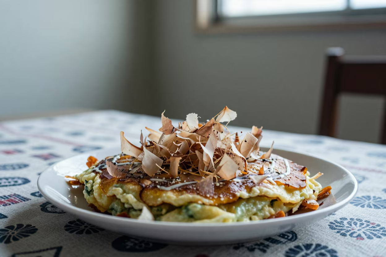 Okonomiyaki with Bonito Flakes on Picnic Blanket in on a picnic blanket in Yokohama