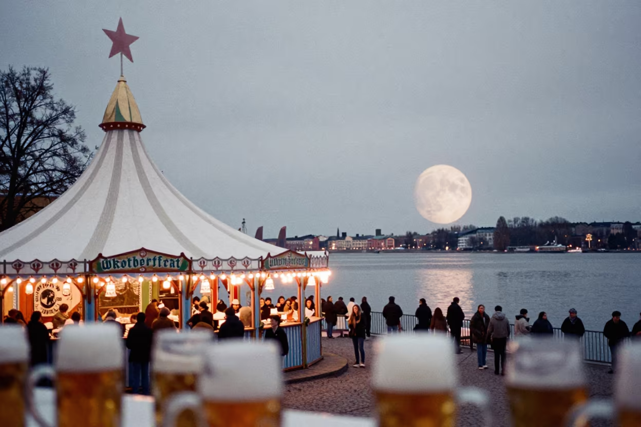 Oktoberfest Tent Under Ringed Planet Winter Sky in in a shrine lined with lanterns near Kallio, Helsinki