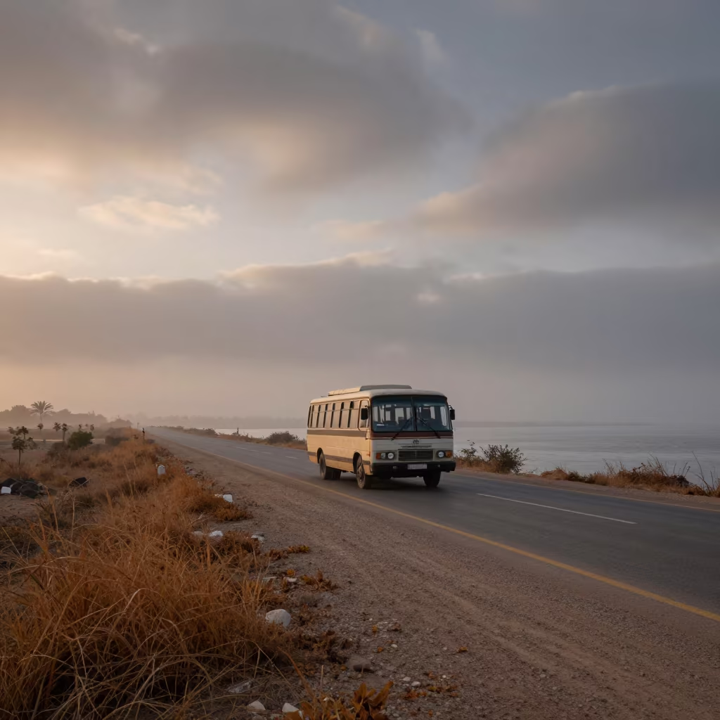Old Bedford Bus Dawn Fog Harbor Egypt in beside a fogbound harbor mouth in Egypt