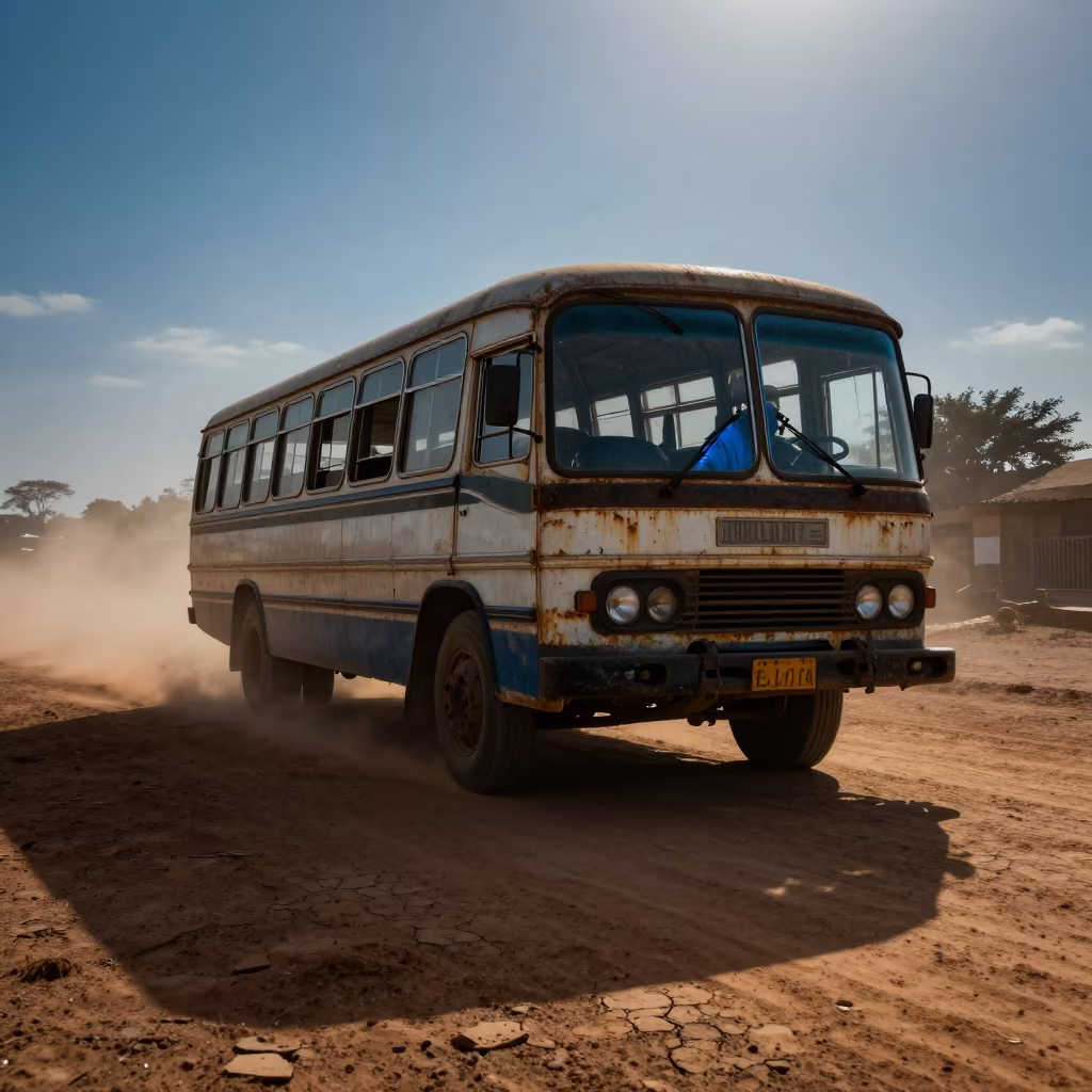 Old Bedford Bus in Evening Dust Near Samara in near Samara