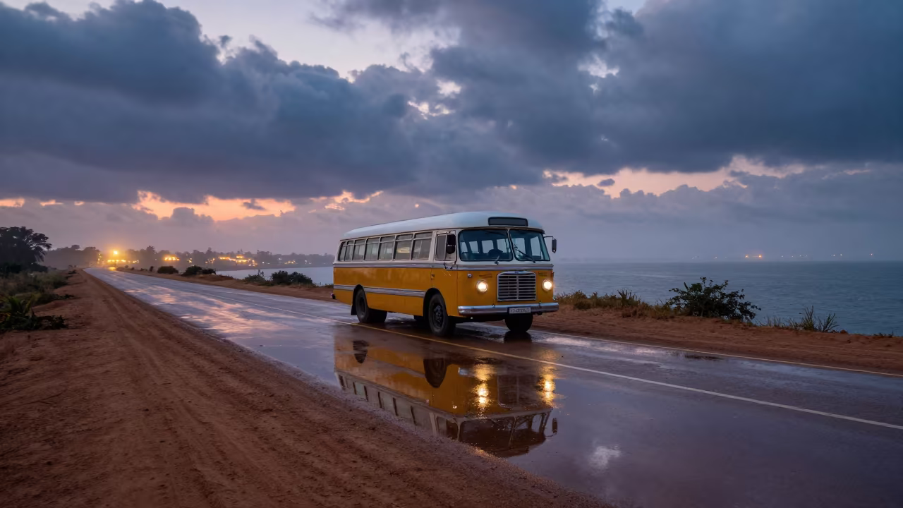 Old Bedford Bus Near Foggy Harbor at Dusk in beside a fogbound harbor mouth near Cordoba Argentina