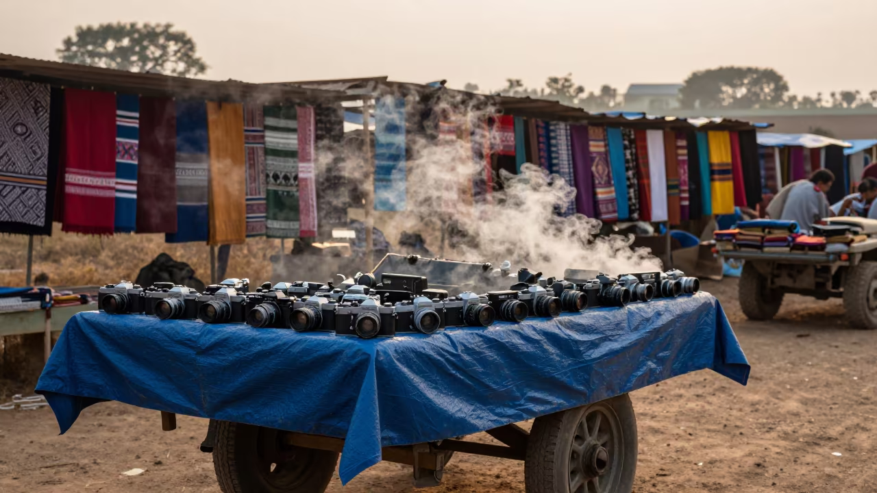 Old Camera Cart in Mawlamyine Textile Market in at a textile trader's stall in Mawlamyine
