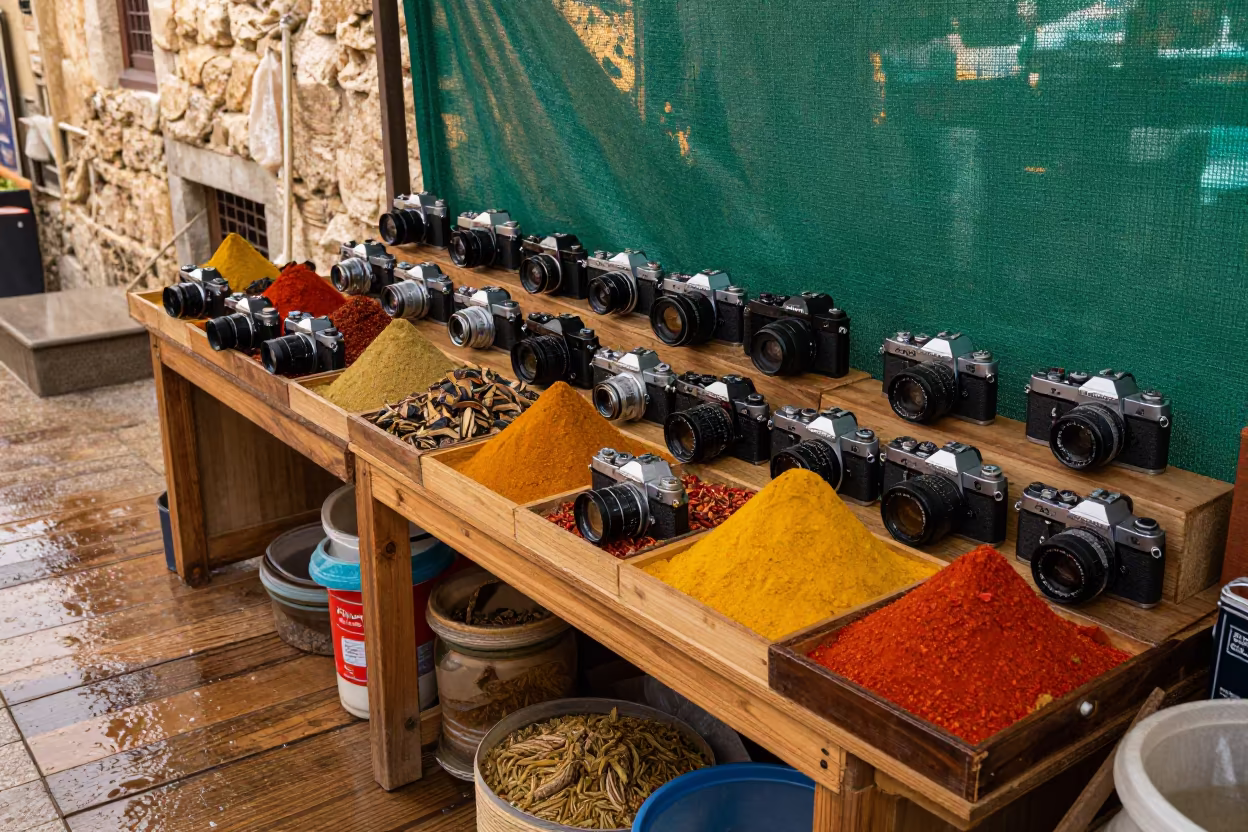 Old Camera Stall in Beit Shemesh Spice Market in at a spice vendor's table in Beit Shemesh