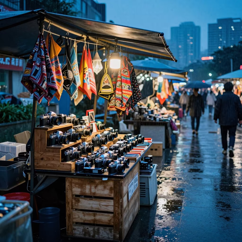Old Camera Stall in Nanning Market After Rain in at a textile trader's stall in Nanning