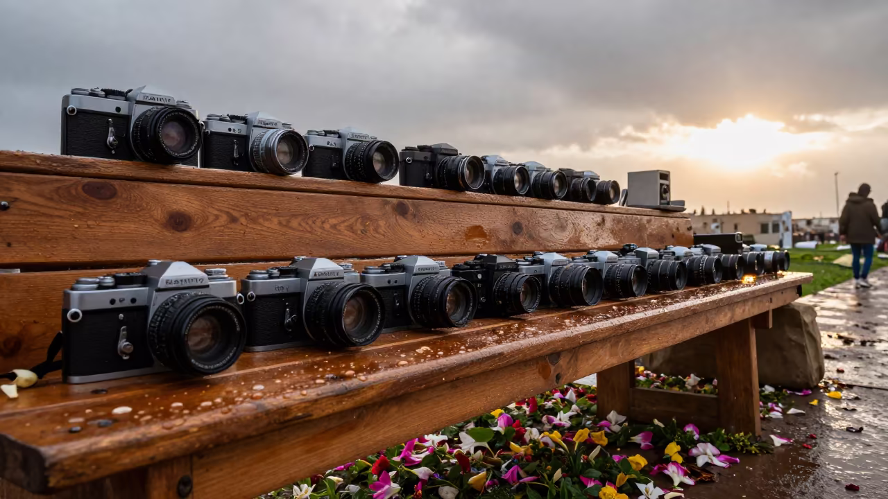 Old Cameras on Flower Auction Bench After Rain in at a flower auction bench in Tébessa