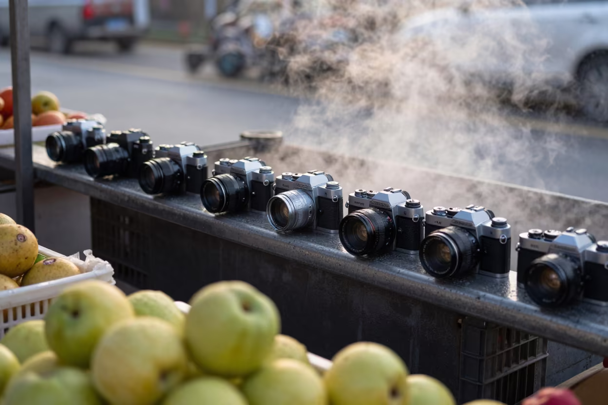 Old Cameras on Market Rail at Changsha Dawn in at a roadside fruit stand in Changsha
