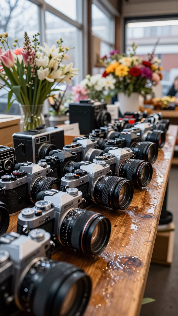 Old Cameras on Rainy Market Table at Dawn in at a flower auction bench in Toronto