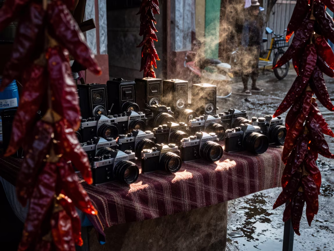Old Cameras on Textile Stall in Maracaibo Market in at a textile trader's stall in Maracaibo