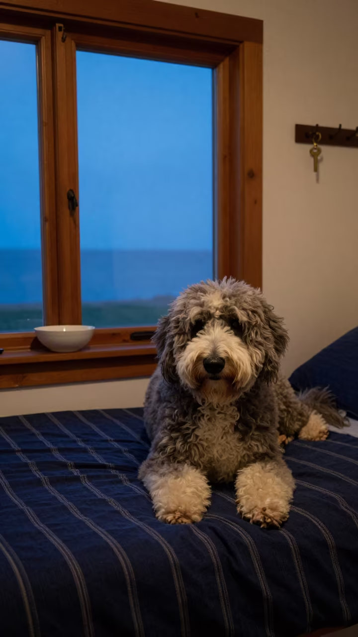 Old English Sheepdog on Paraty Bedspread at Dusk in on a bedspread near a bright window with calm indoor light in Paraty