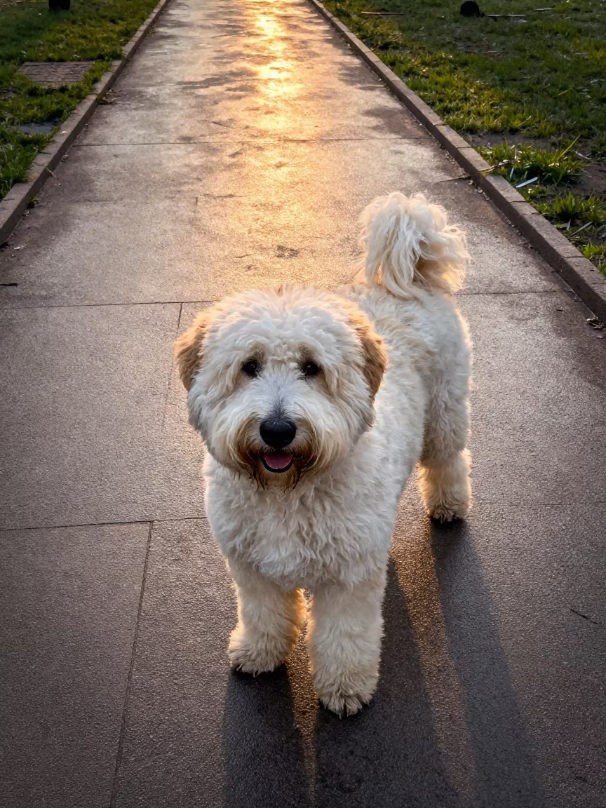 Old English Sheepdog on Park Path in Golden Light in near a garden edge with soft morning light and an uncluttered background near Veliko Tarnovo