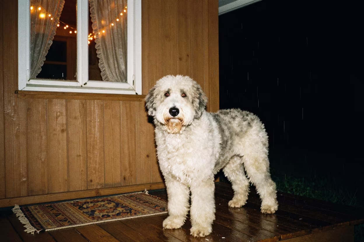 Old English Sheepdog on Tabora Porch at Night in on a shaded front porch with boards, railings, and eye-level framing near Tabora