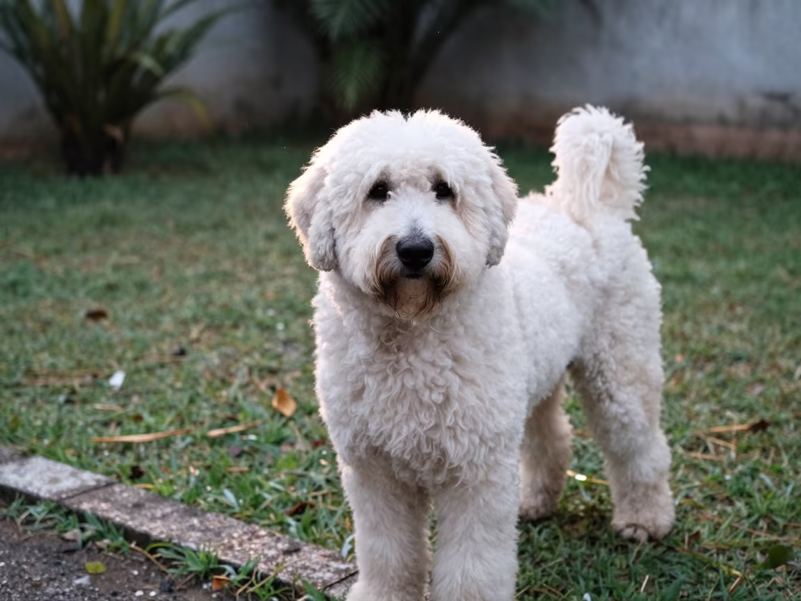 Old English Sheepdog Portrait at Garden Edge Maceio in near a garden edge with soft morning light and an uncluttered background in Maceio