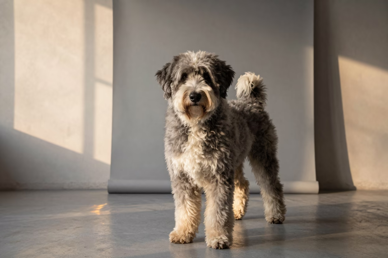Old English Sheepdog Portrait in Al Qadarif Studio in in a quiet portrait studio with a plain backdrop and eye-level framing in Al Qadarif