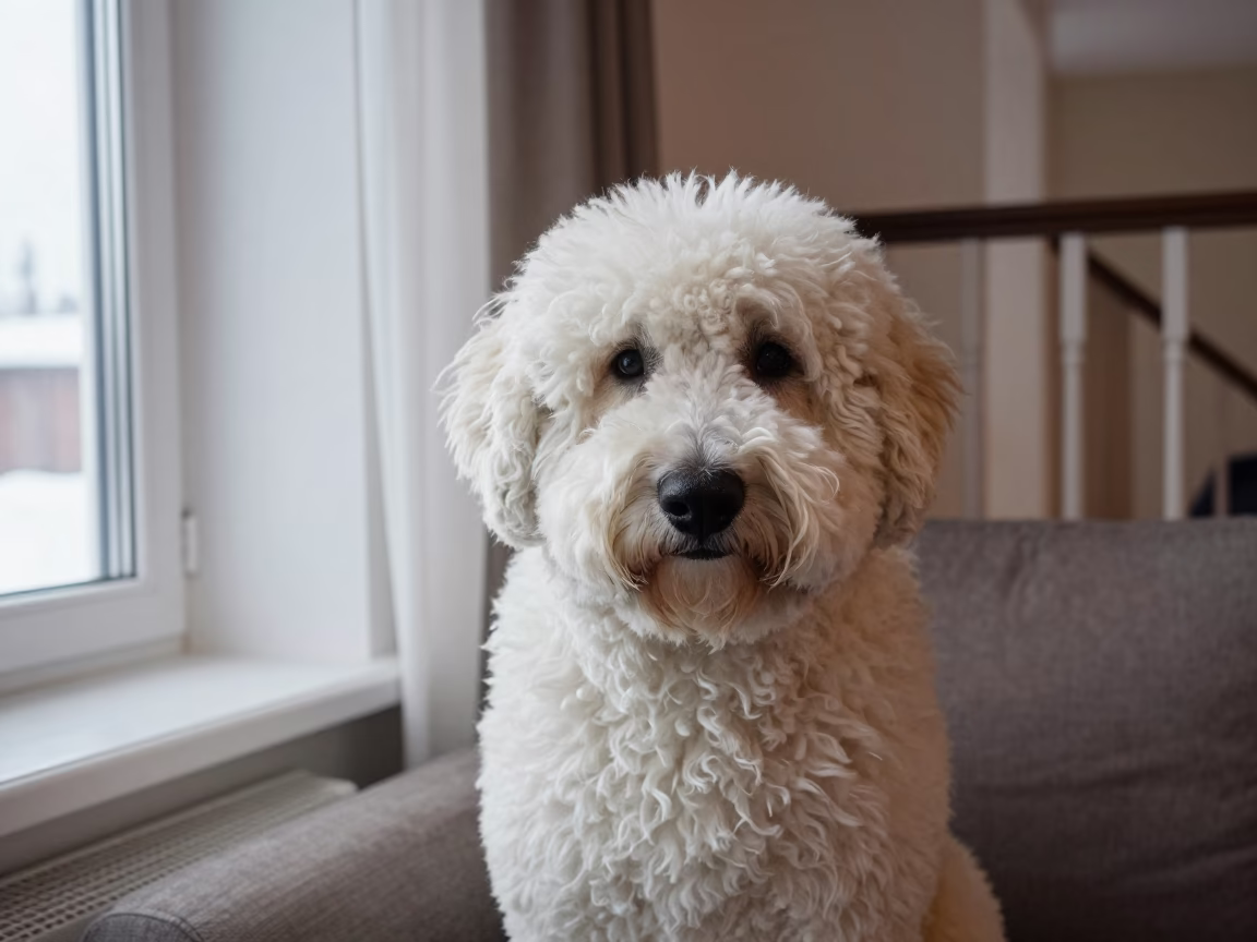 Old English Sheepdog Portrait in Rovaniemi Home in on a sofa near a curtained window with calm indoor light in Rovaniemi