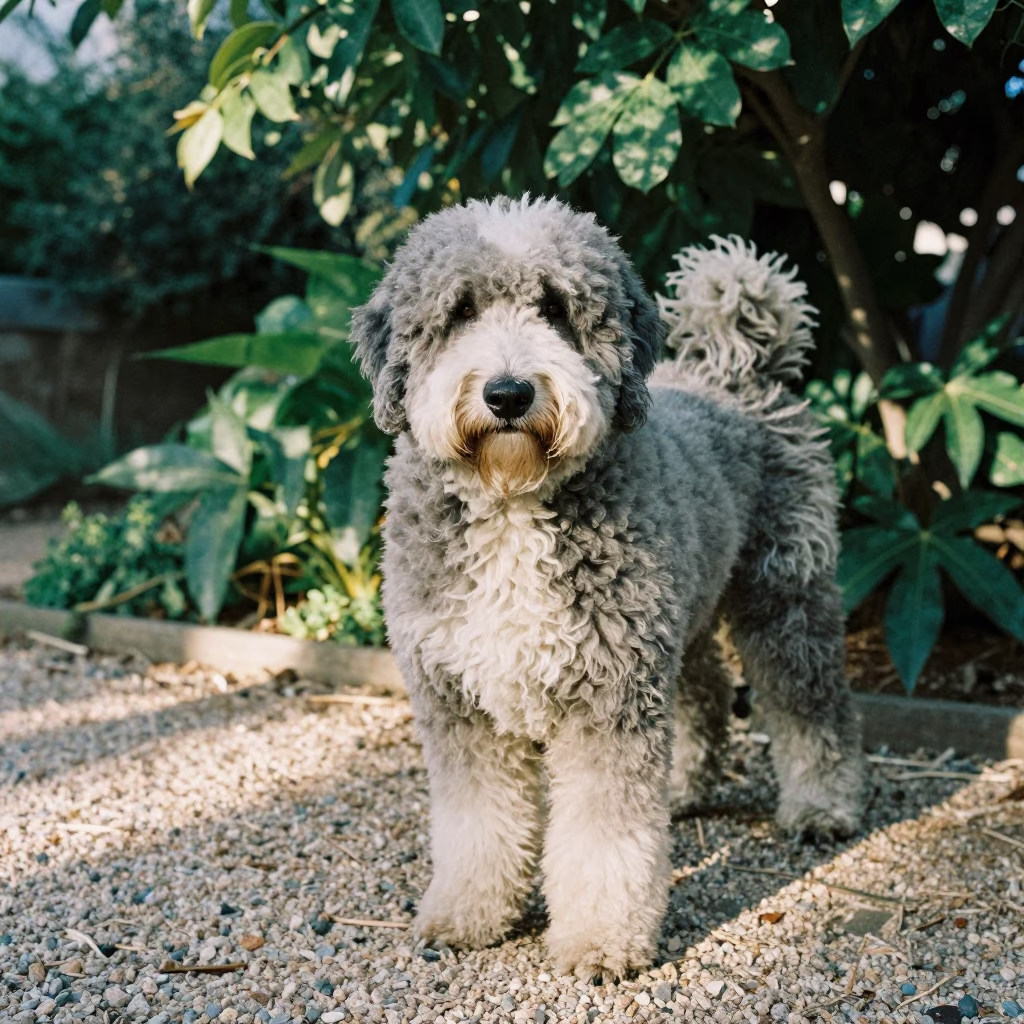 Old English Sheepdog Portrait Morning Garden Faro in near a garden edge with soft morning light and an uncluttered background in Faro