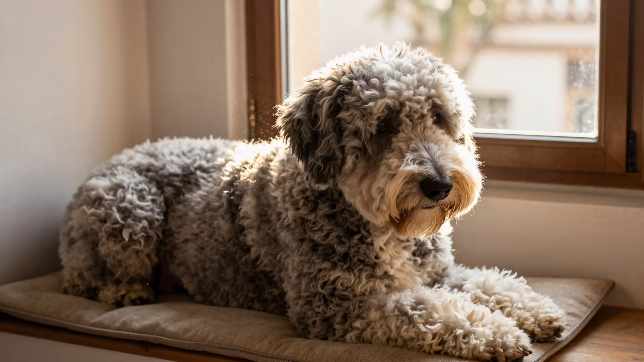 Old English Sheepdog Portrait on Window Seat in on a cushioned window seat with soft side light and an uncluttered background in Malaga