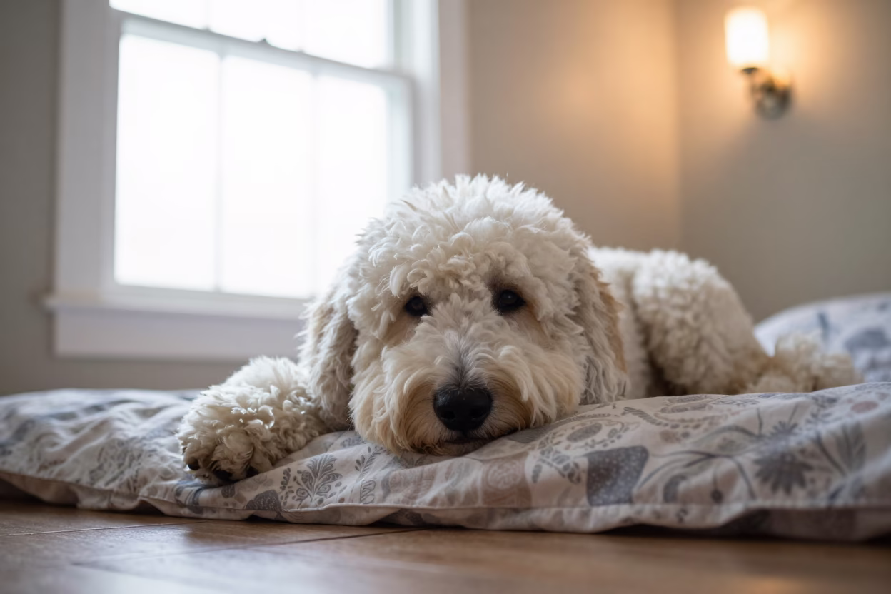 Old English Sheepdog Resting on Bat Yam Bedspread in on a bedspread near a bright window with calm indoor light in Bat Yam